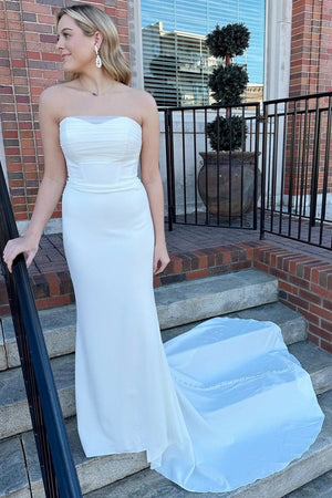 White Satin Strapless Mermaid Long Wedding Dress – Wedding Dresses by KissProm | Available at KissProm