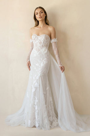 Strapless Mermaid Tulle Wedding Dress With Floral in Ivory - KissProm Wedding Dresses