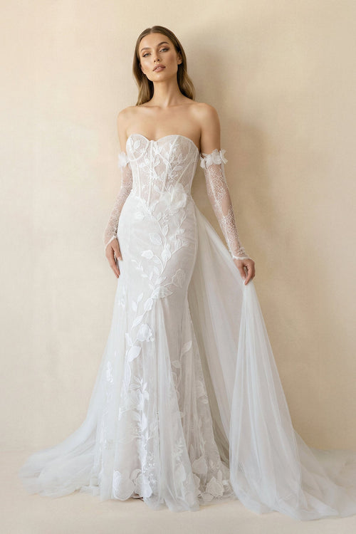 Strapless Mermaid Tulle Wedding Dress With Floral in Ivory - KissProm Wedding Dresses