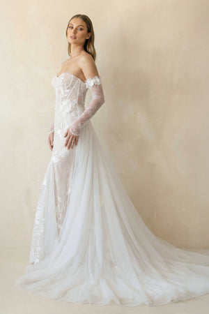 Strapless Mermaid Tulle Wedding Dress With Floral in Ivory - KissProm Wedding Dresses