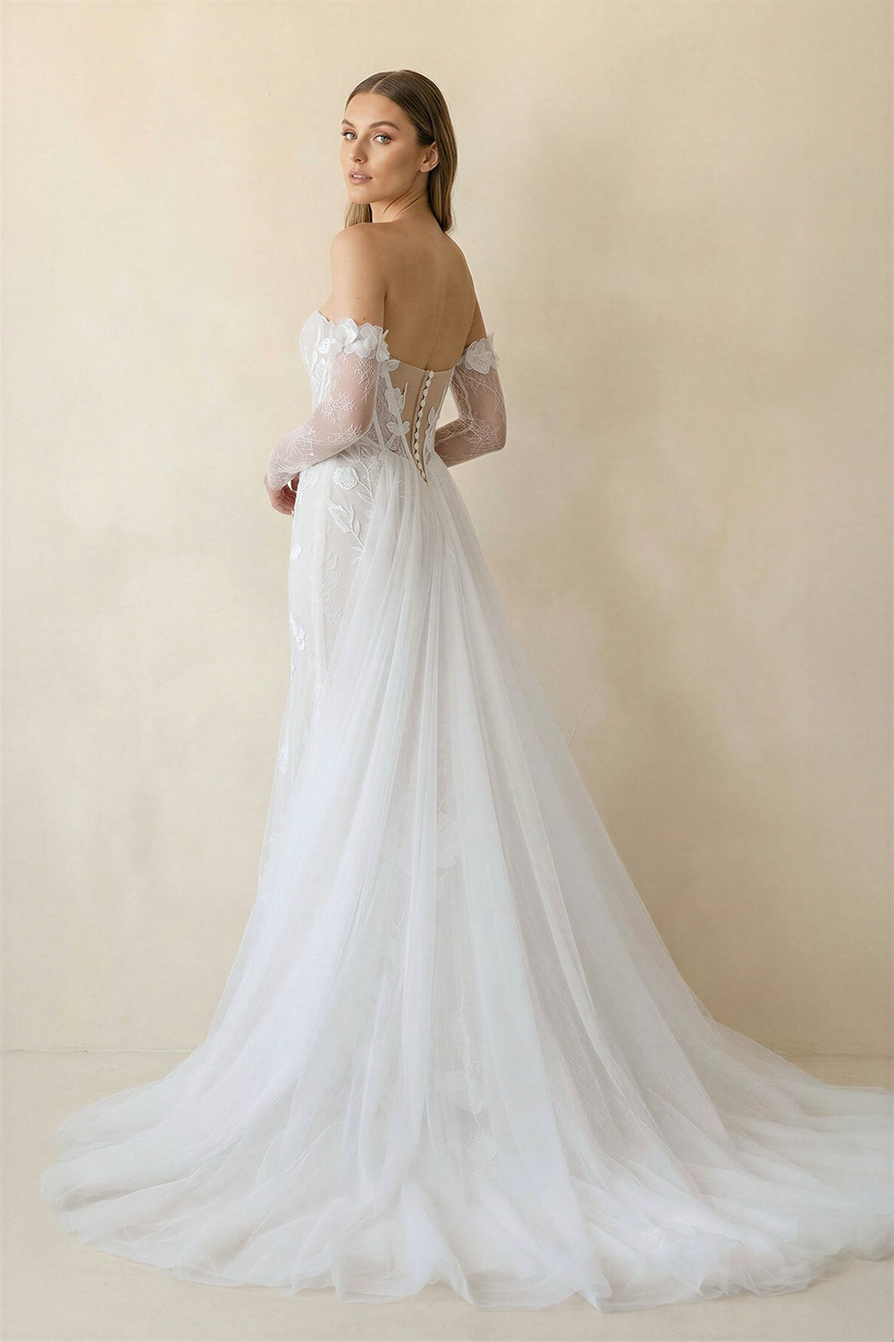 Strapless Mermaid Tulle Wedding Dress With Floral in Ivory - KissProm Wedding Dresses