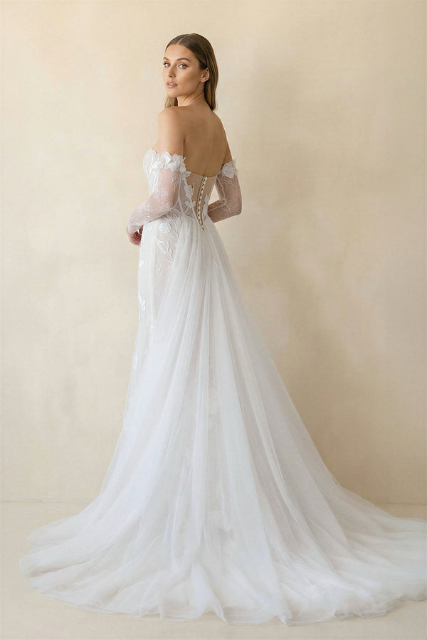 Strapless Mermaid Tulle Wedding Dress With Floral in Ivory - KissProm Wedding Dresses