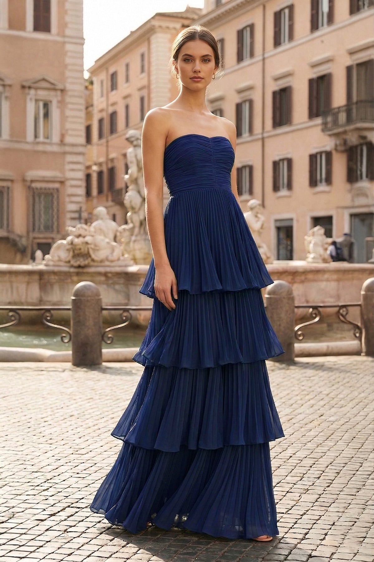KissProm Strapless Emerald Green Ruffle Multi-Layer Long Prom Dress, Navy Blue / 00