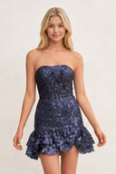 Strapless Lavender Sequin Tight Mini Dress with Ruffles - KissProm