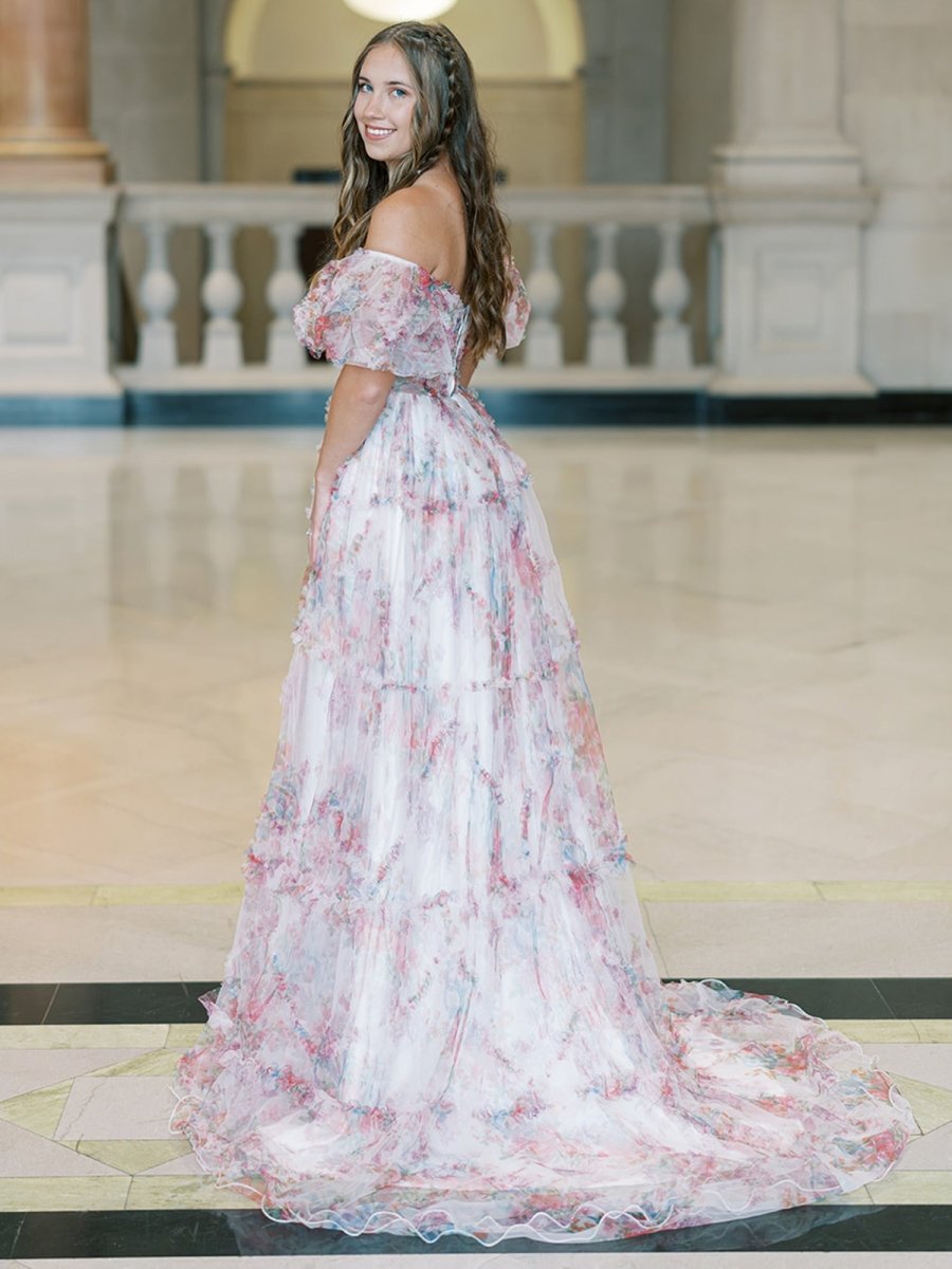 open lace back dress Sydney White A Line Off The Shoulder Floral Tulle Prom Dress
