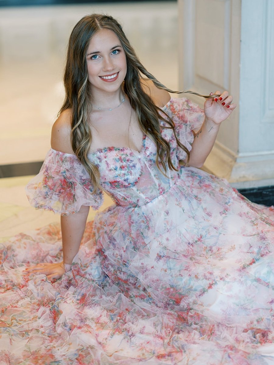 Sydney |A Line Off The Shoulder Floral Tulle Prom Dress