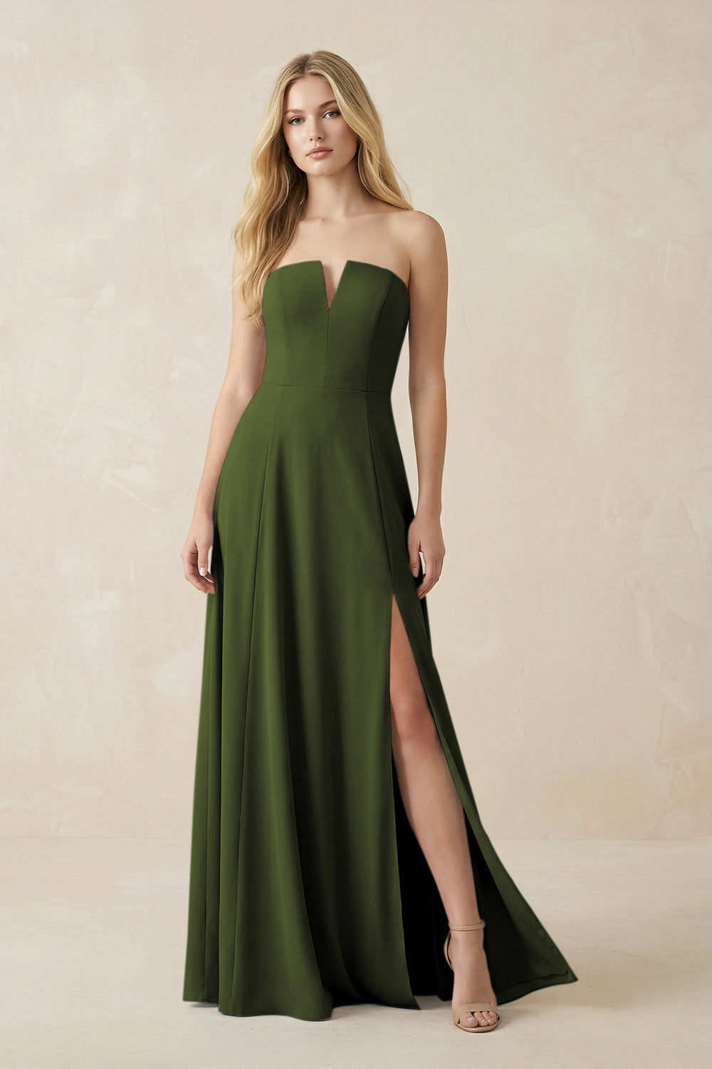 Strapless A-Line Chiffon Bridesmaid Dress With Slit in Olive