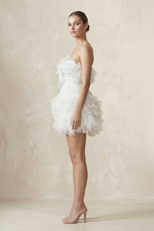 Strapless Organza Ruffled Bow Mini Wedding Dress in White - KissProm Wedding Dresses