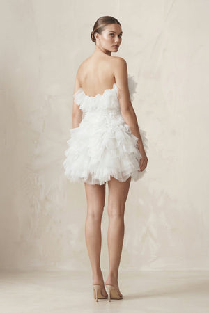 Strapless Organza Ruffled Bow Mini Wedding Dress in White - KissProm Wedding Dresses