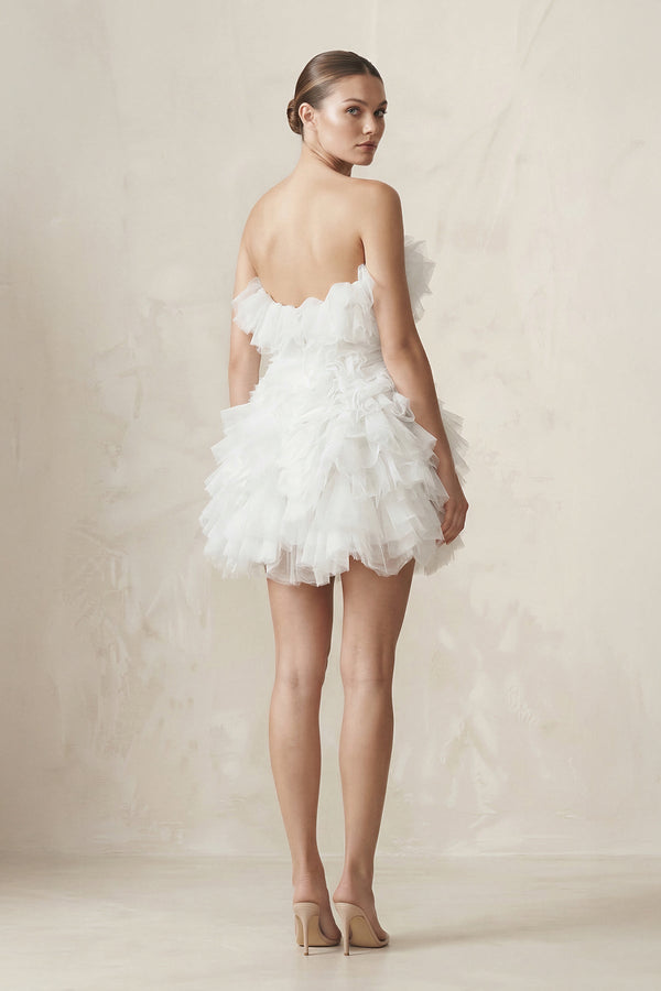 Strapless Organza Ruffled Bow Mini Wedding Dress in White - KissProm Wedding Dresses