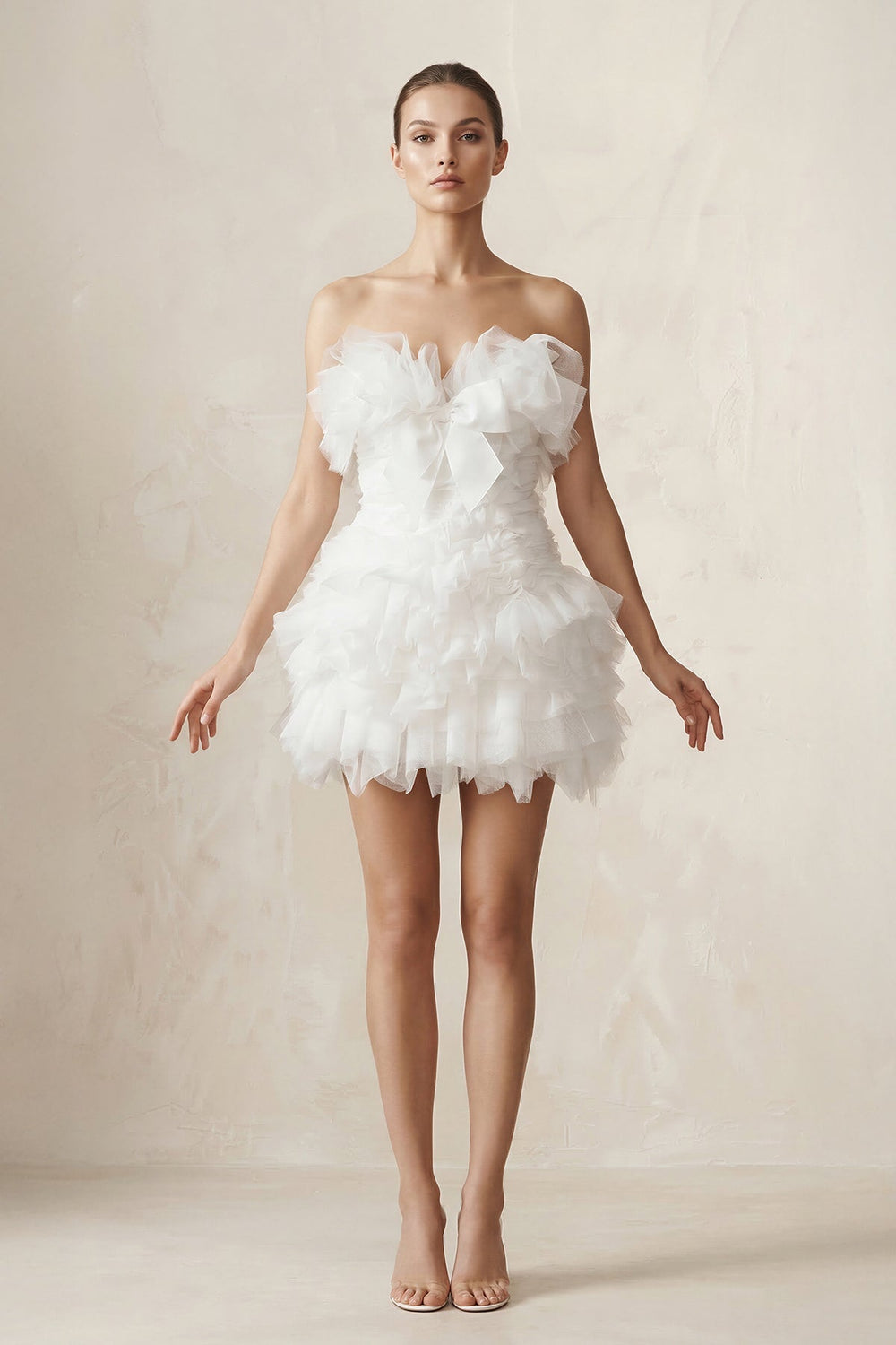 Strapless Organza Ruffled Bow Mini Wedding Dress in White - KissProm Wedding Dresses