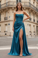 Strapless Peacock Mermaid Satin Long Formal Dress With Slit | KISSPROM