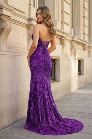 Fuchsia Strapless Sequins Lace Mermaid Prom Dresses with Slit - KissProm