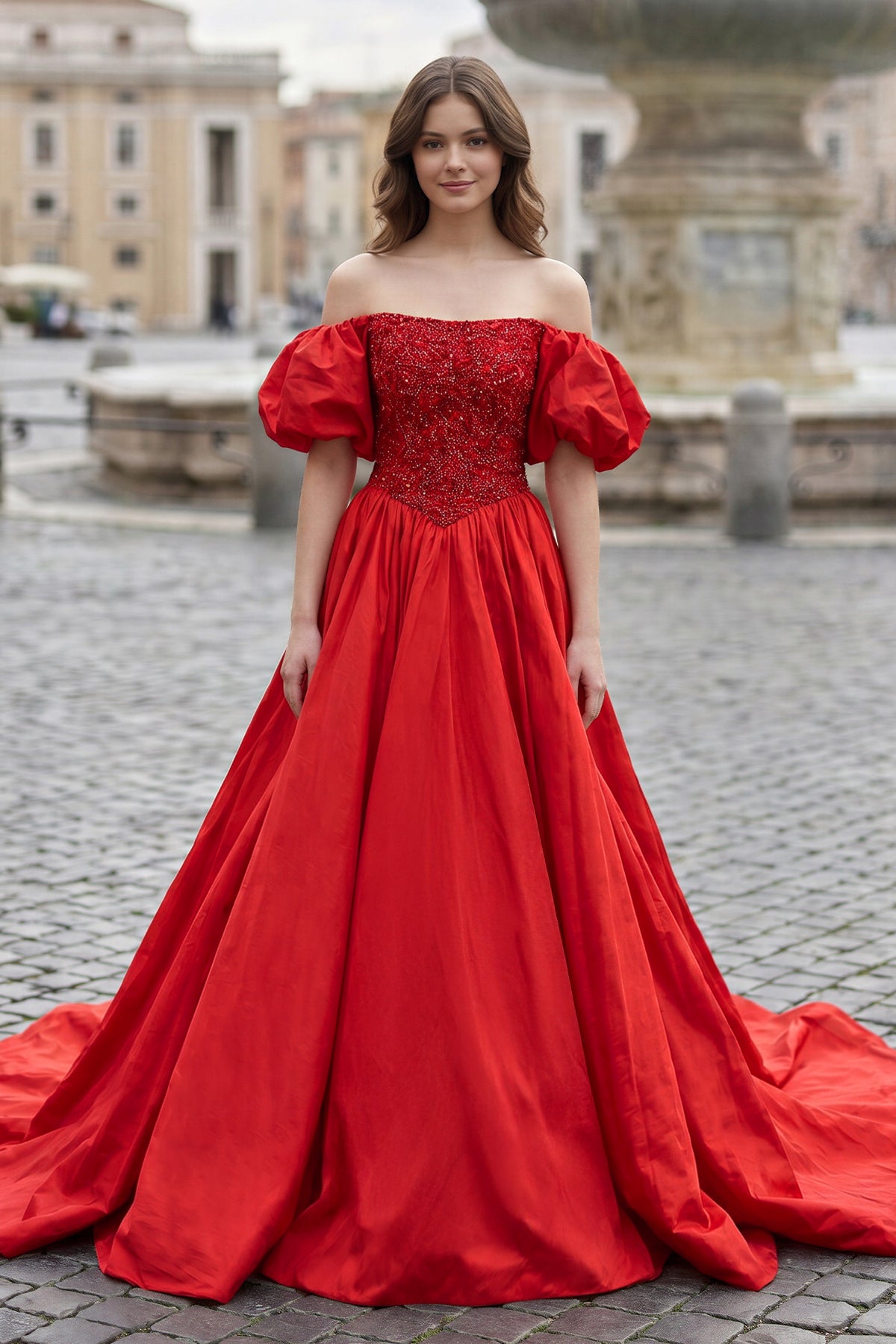 KissProm A-Line Off The Shoulder Taffeta Prom Dress With Short Puffy Sleeves, Red / 10