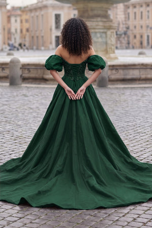 A-Line Off The Shoulder Taffeta Prom Dress With Short Puffy Sleeves - KissProm