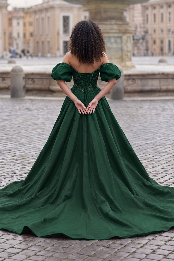 A-Line Off The Shoulder Taffeta Prom Dress With Short Puffy Sleeves - KissProm