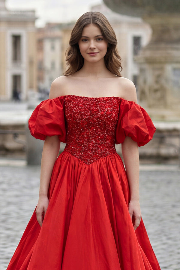 short a line prom dresses Liana Red A-Line Off The Shoulder Taffeta Prom Dress With Puffy Sleeves