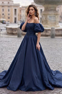 A-Line Off The Shoulder Taffeta Prom Dress With Short Puffy Sleeves - KissProm