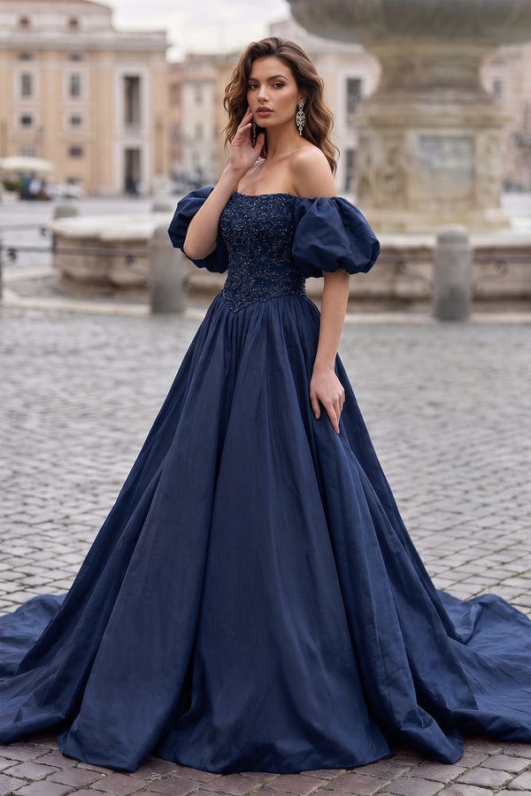 A-Line Off The Shoulder Taffeta Prom Dress With Short Puffy Sleeves - KissProm