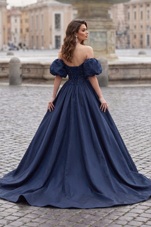 A-Line Off The Shoulder Taffeta Prom Dress With Short Puffy Sleeves - KissProm