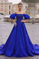 A-Line Off The Shoulder Taffeta Prom Dress With Short Puffy Sleeves - KissProm