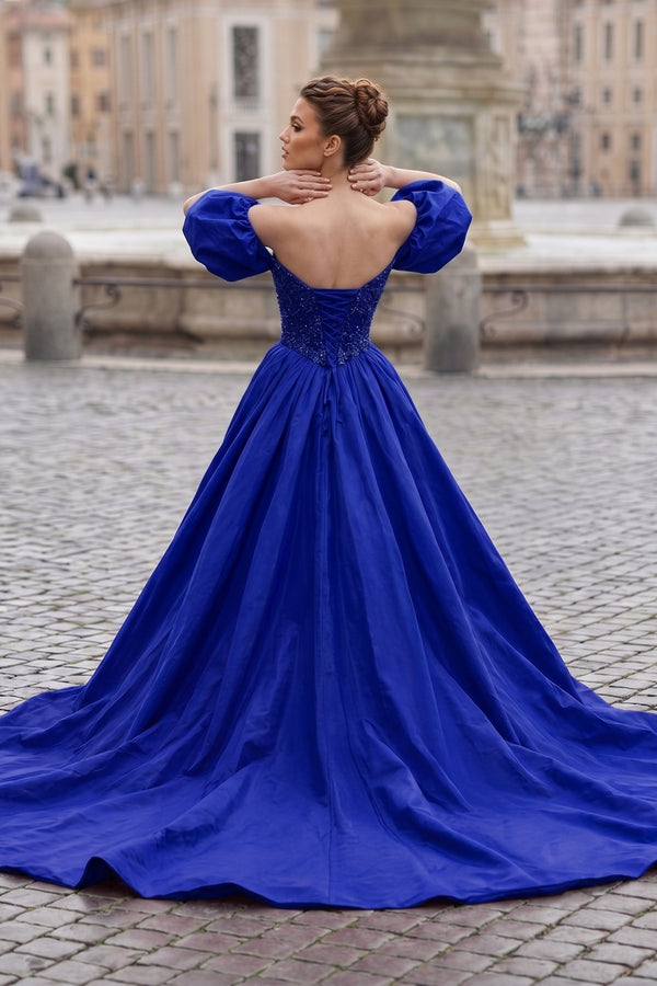 puffy prom dresses with sleeves Puff-Sleeve Strapless Glitter Ball Gown 2409 Grey Purple / XSmall length dress is crafted from soft KissProm A-Line Off The Shoulder