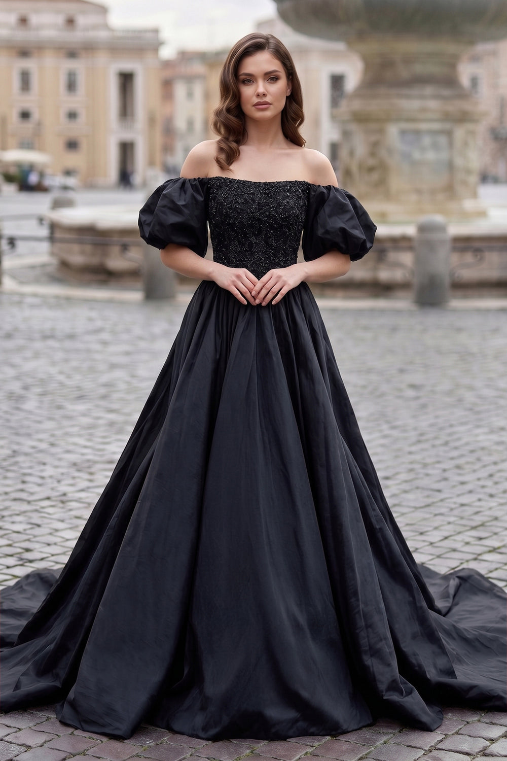 A-Line Off The Shoulder Taffeta Prom Dress With Short Puffy Sleeves - KissProm
