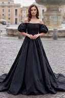 A-Line Off The Shoulder Taffeta Prom Dress With Short Puffy Sleeves - KissProm