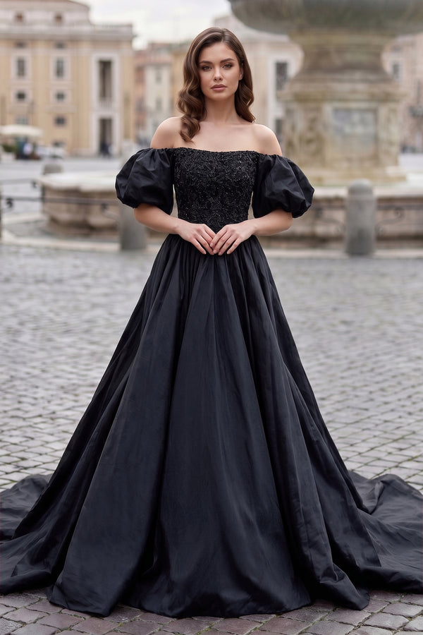 A-Line Off The Shoulder Taffeta Prom Dress With Short Puffy Sleeves - KissProm