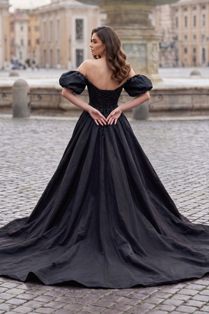 A-Line Off The Shoulder Taffeta Prom Dress With Short Puffy Sleeves - KissProm