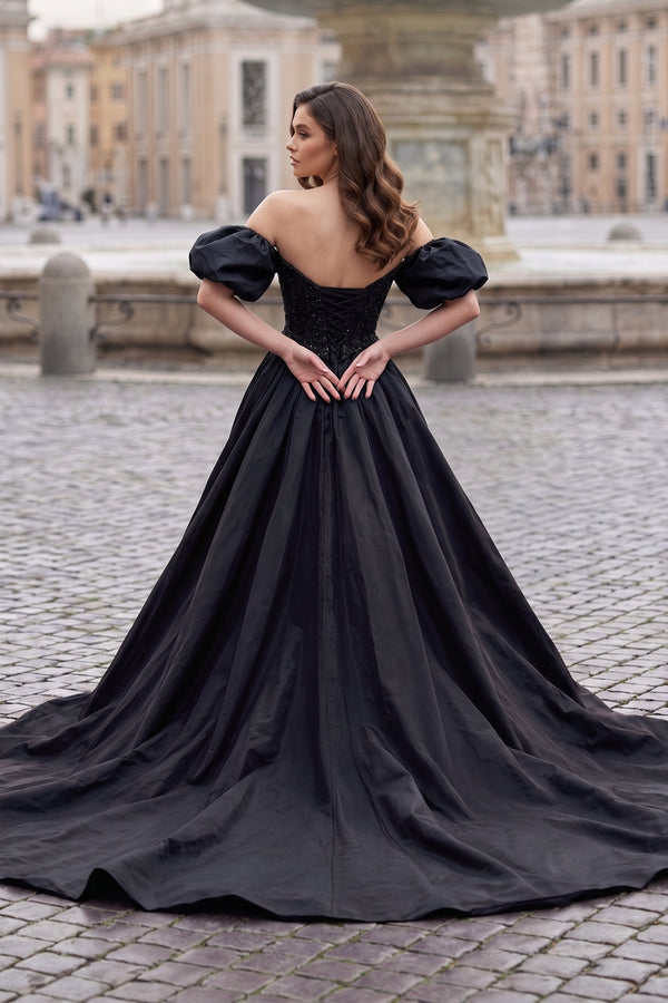 A-Line Off The Shoulder Taffeta Prom Dress With Short Puffy Sleeves - KissProm
