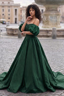 A-Line Off The Shoulder Taffeta Prom Dress With Short Puffy Sleeves - KissProm