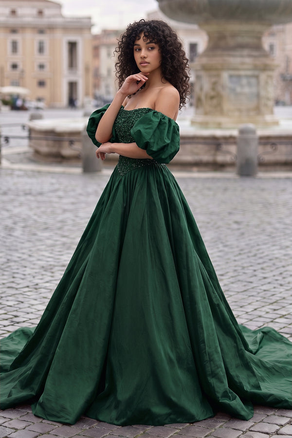 A-Line Off The Shoulder Taffeta Prom Dress With Short Puffy Sleeves - KissProm