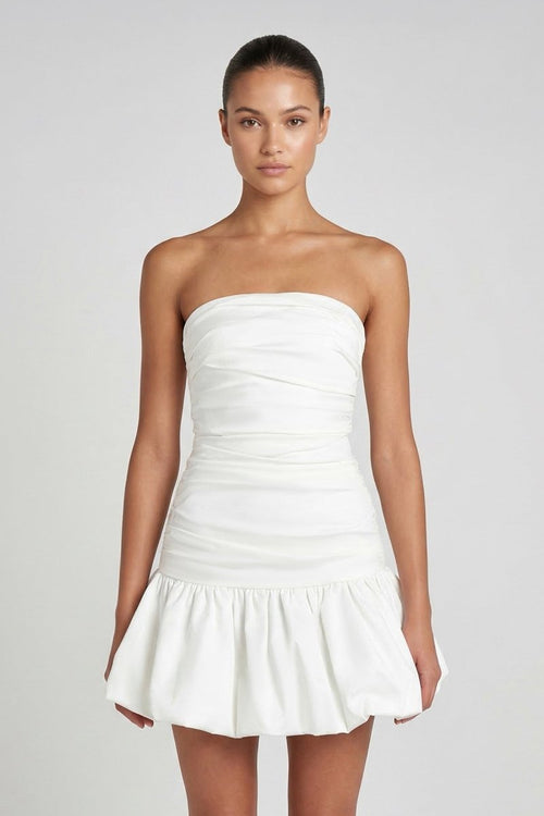 strapless white graduation dresses Strapless Ruched A-Line Graduation Dress With Ruffled, White / 4