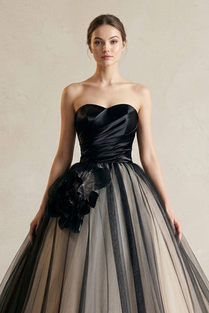 Strapless Ruched A - Line Tulle Wedding Dress With 3D Flower in Black - KissProm Wedding Dresses