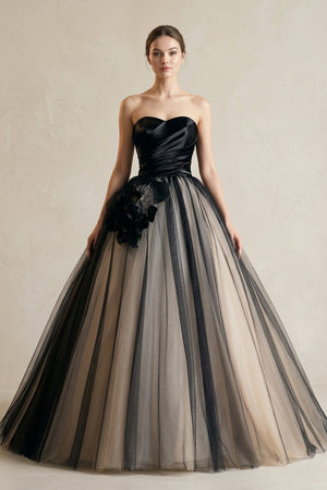 Strapless Ruched A - Line Tulle Wedding Dress With 3D Flower in Black - KissProm Wedding Dresses