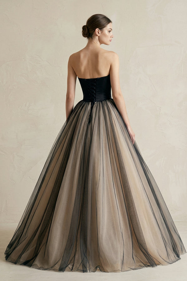 Strapless Ruched A - Line Tulle Wedding Dress With 3D Flower in Black - KissProm Wedding Dresses