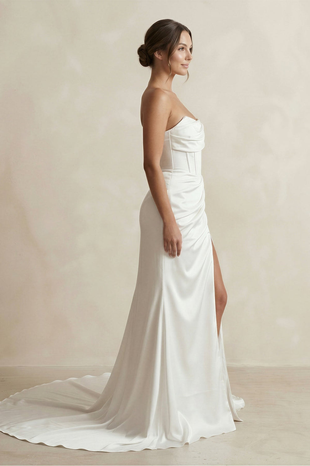 Strapless Ruched Satin Mermaid Wedding Dress with Corset in White - KissProm Wedding Dresses