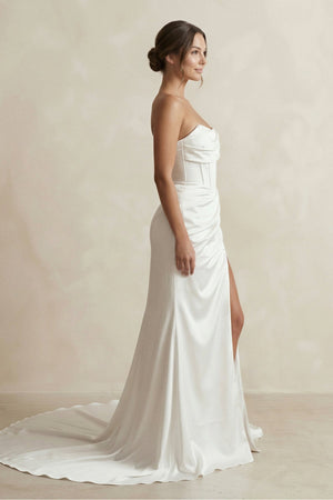 Strapless Ruched Satin Mermaid Wedding Dress with Corset in White - KissProm Wedding Dresses