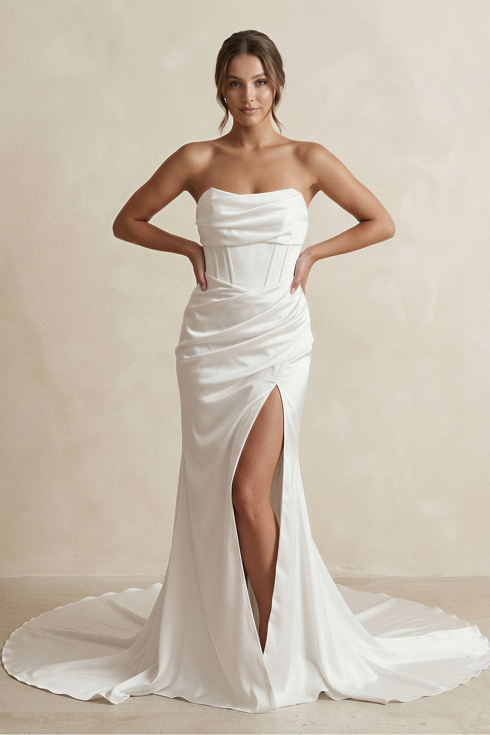 Strapless Ruched Satin Mermaid Wedding Dress with Corset in White - KissProm Wedding Dresses
