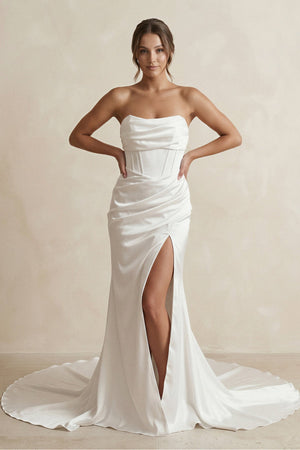Strapless Ruched Satin Mermaid Wedding Dress with Corset in White - KissProm Wedding Dresses