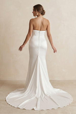Strapless Ruched Satin Mermaid Wedding Dress with Corset in White - KissProm Wedding Dresses