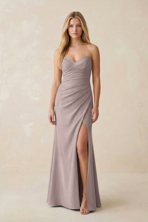 Strapless Ruched Sheath Satin Bridesmaid Dress With Slit in Almond - KissProm Bridesmaid Dresses