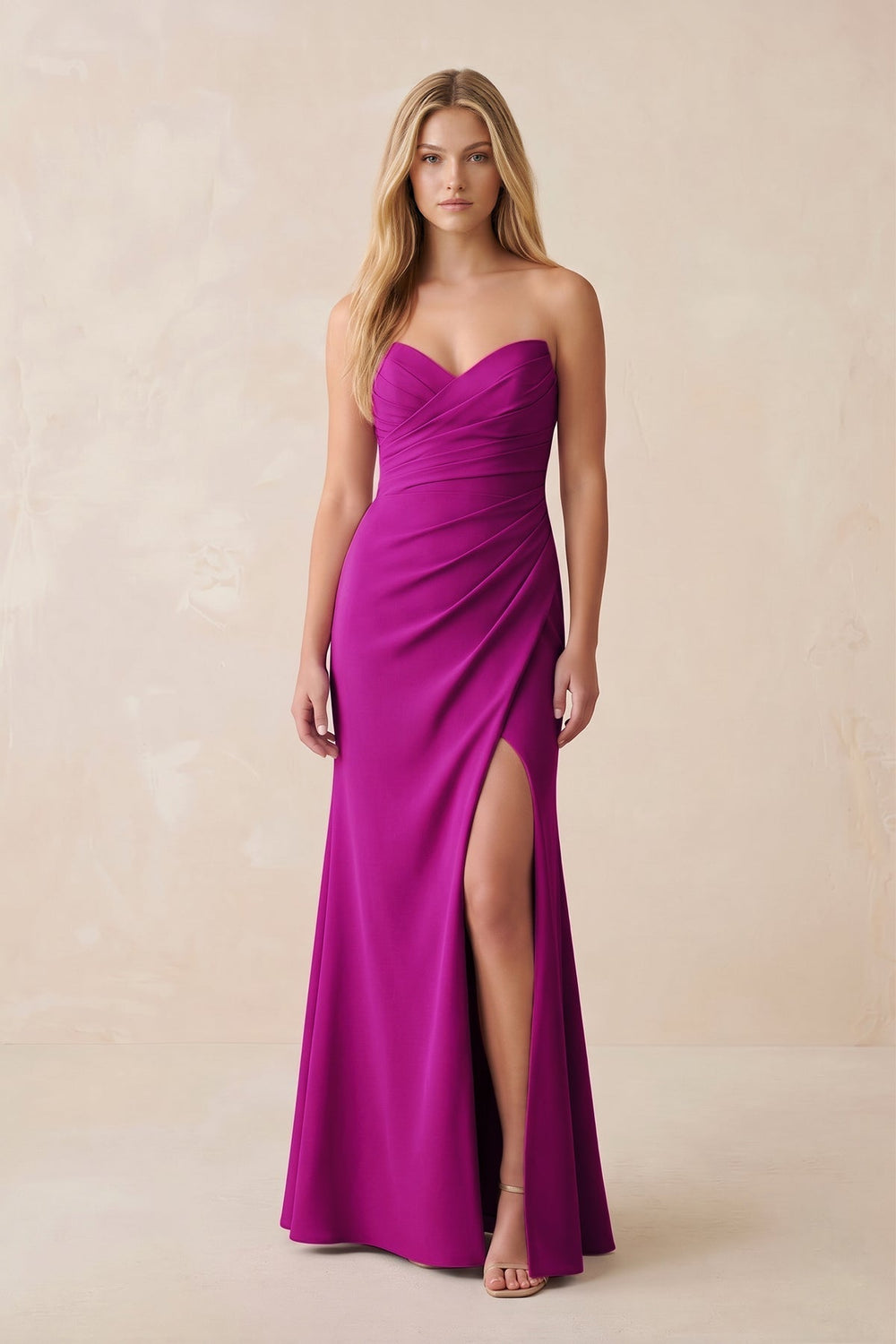 Strapless Ruched Sheath Satin Bridesmaid Dress With Slit in Amethyst - KissProm Bridesmaid Dresses