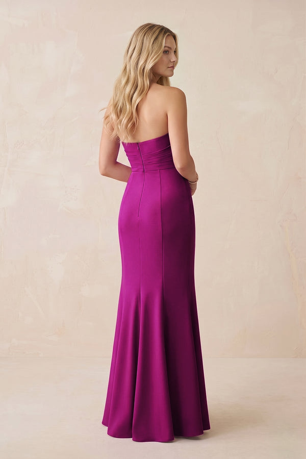 Strapless Ruched Sheath Satin Bridesmaid Dress With Slit in Amethyst - KissProm Bridesmaid Dresses