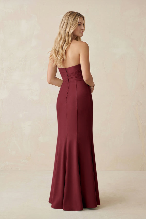 Strapless Ruched Sheath Satin Bridesmaid Dress With Slit in Berry - KissProm Bridesmaid Dresses