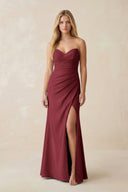 Strapless Ruched Sheath Satin Bridesmaid Dress With Slit in Berry - KissProm Bridesmaid Dresses