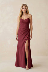 Strapless Ruched Sheath Satin Bridesmaid Dress With Slit in Berry - KissProm Bridesmaid Dresses