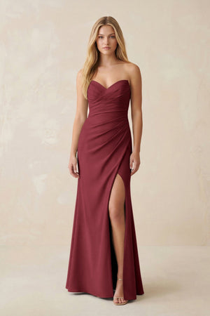Strapless Ruched Sheath Satin Bridesmaid Dress With Slit in Berry - KissProm Bridesmaid Dresses