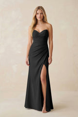 Strapless Ruched Sheath Satin Bridesmaid Dress With Slit in Black - KissProm Bridesmaid Dresses